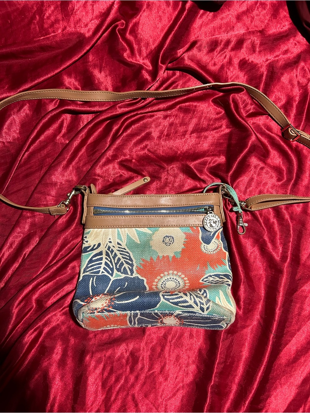 Spartina 449 Floral Canvas Crossbody in Navy, Coral & Tan